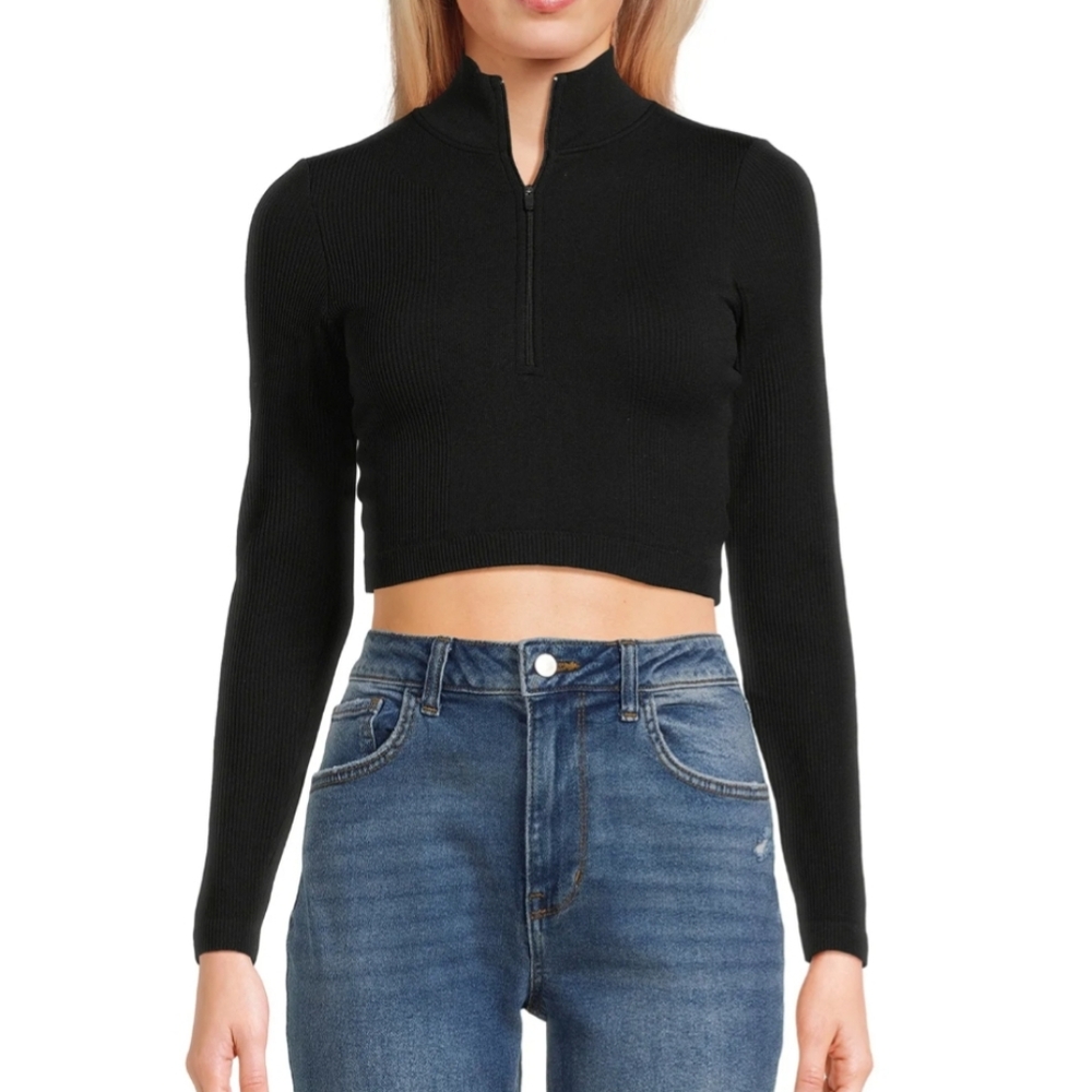 5/$15 Shein Black Zipper Mock Neck Crop Longsleeve Top Shirt
